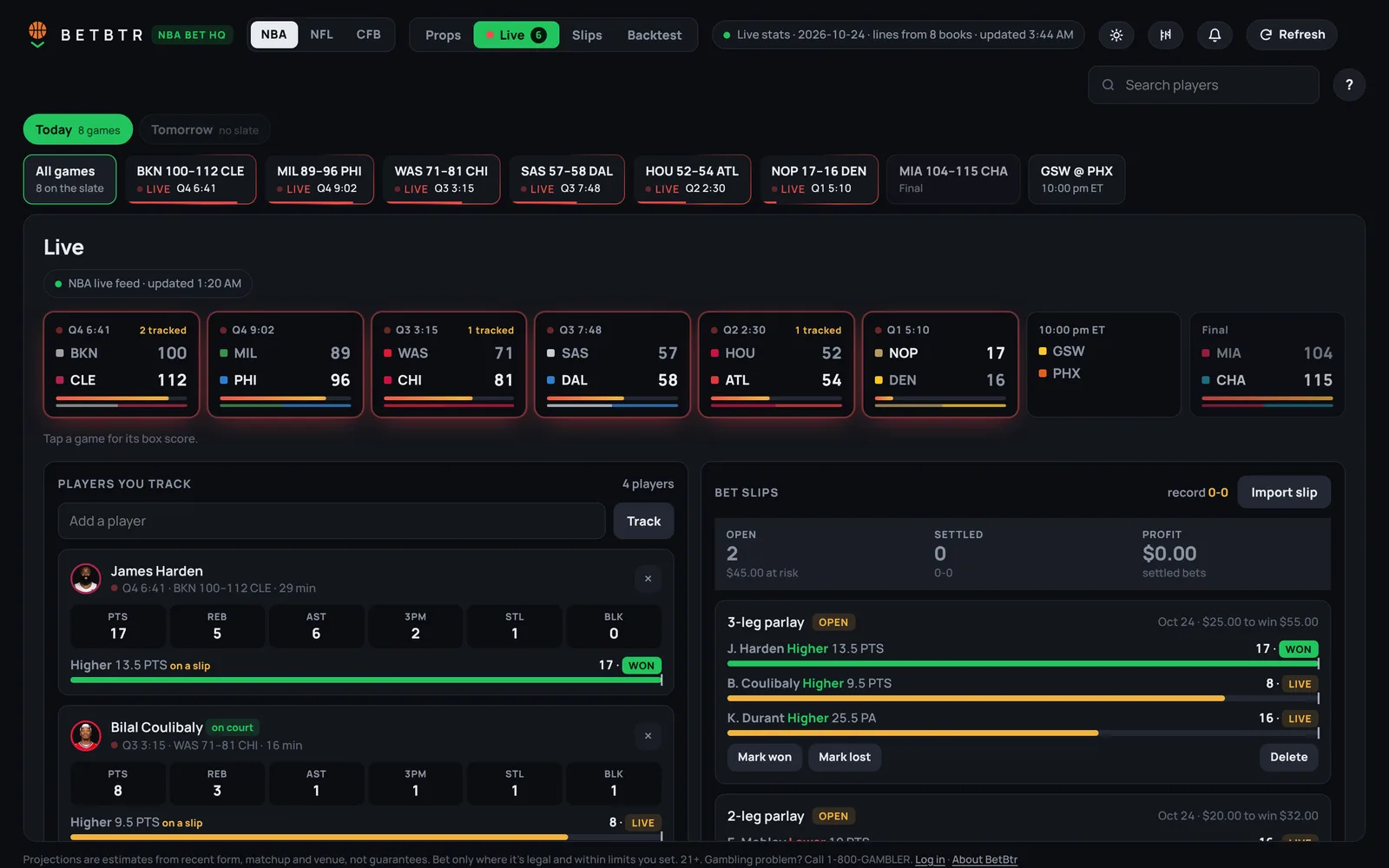 Live view with scores, tracked players and open bet slips.